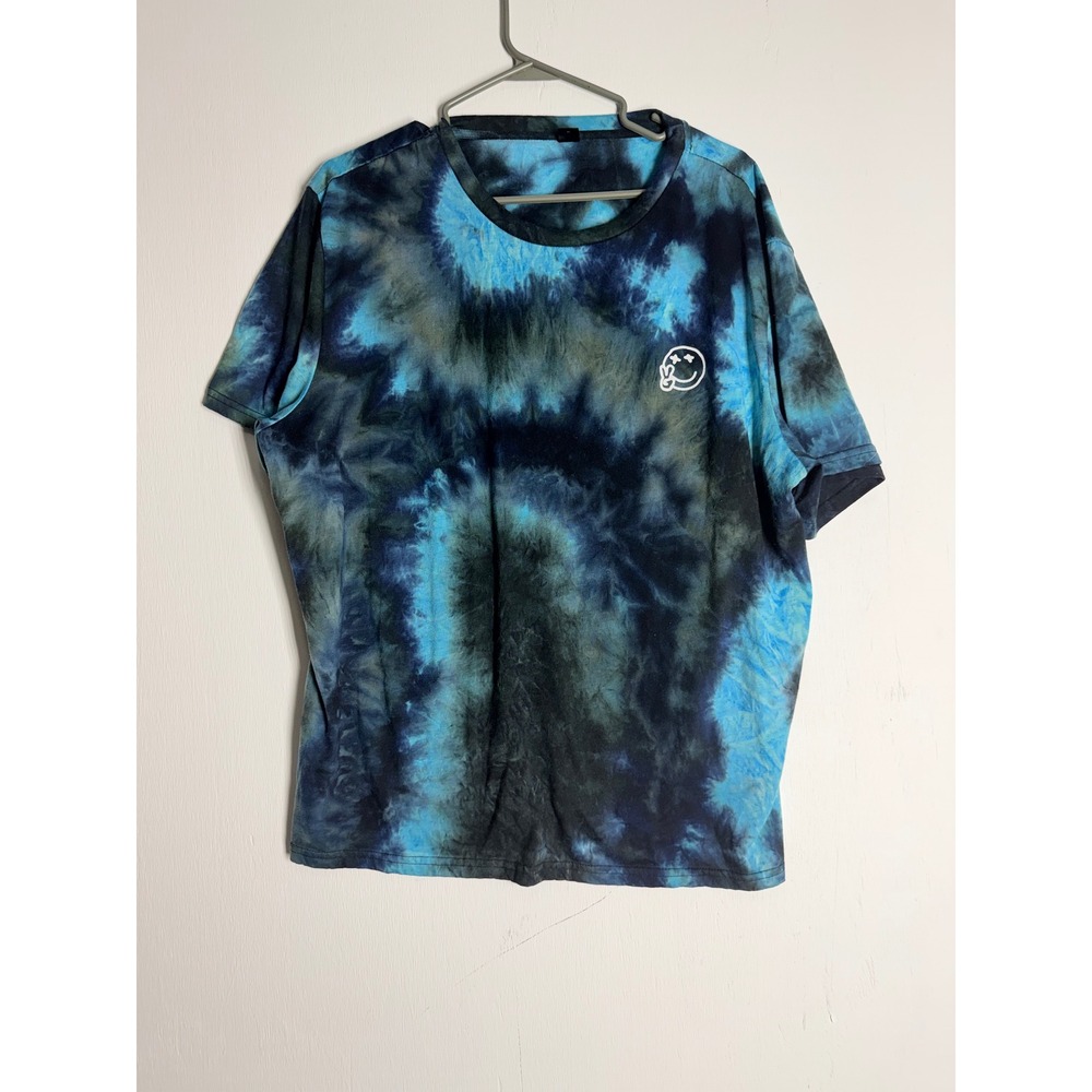 Shein Blue Tie Dye Peace Smiley Face Graphic Tee Shirt 2XL Go Forward Streetwear